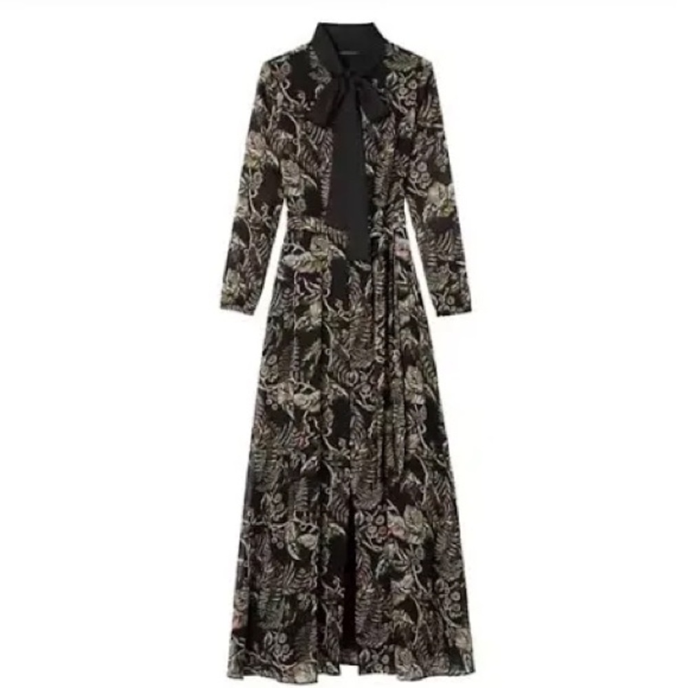 Banana Republic Black Floral Long-Sleeve Tie-Neck Maxi Dress